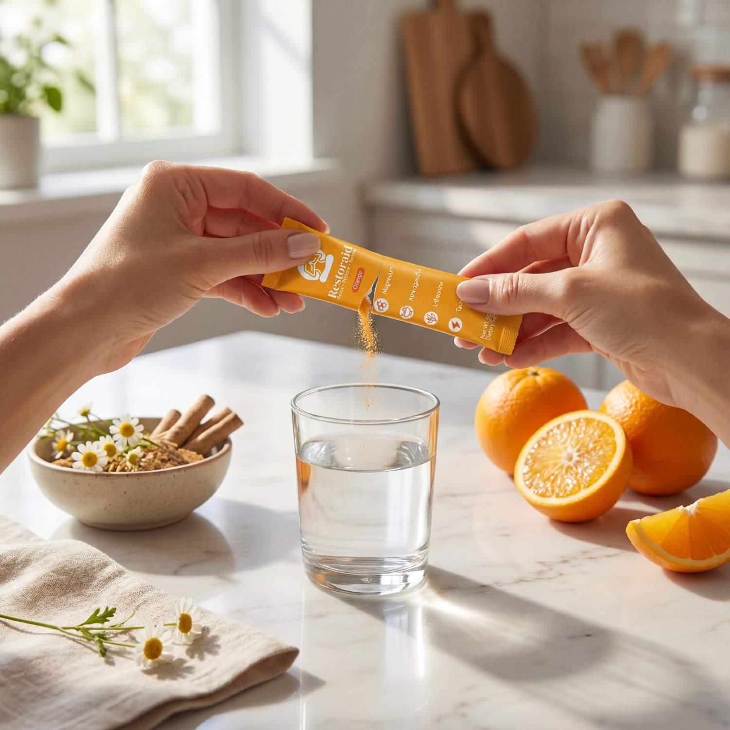 Orange Restoraid falling into a glass
