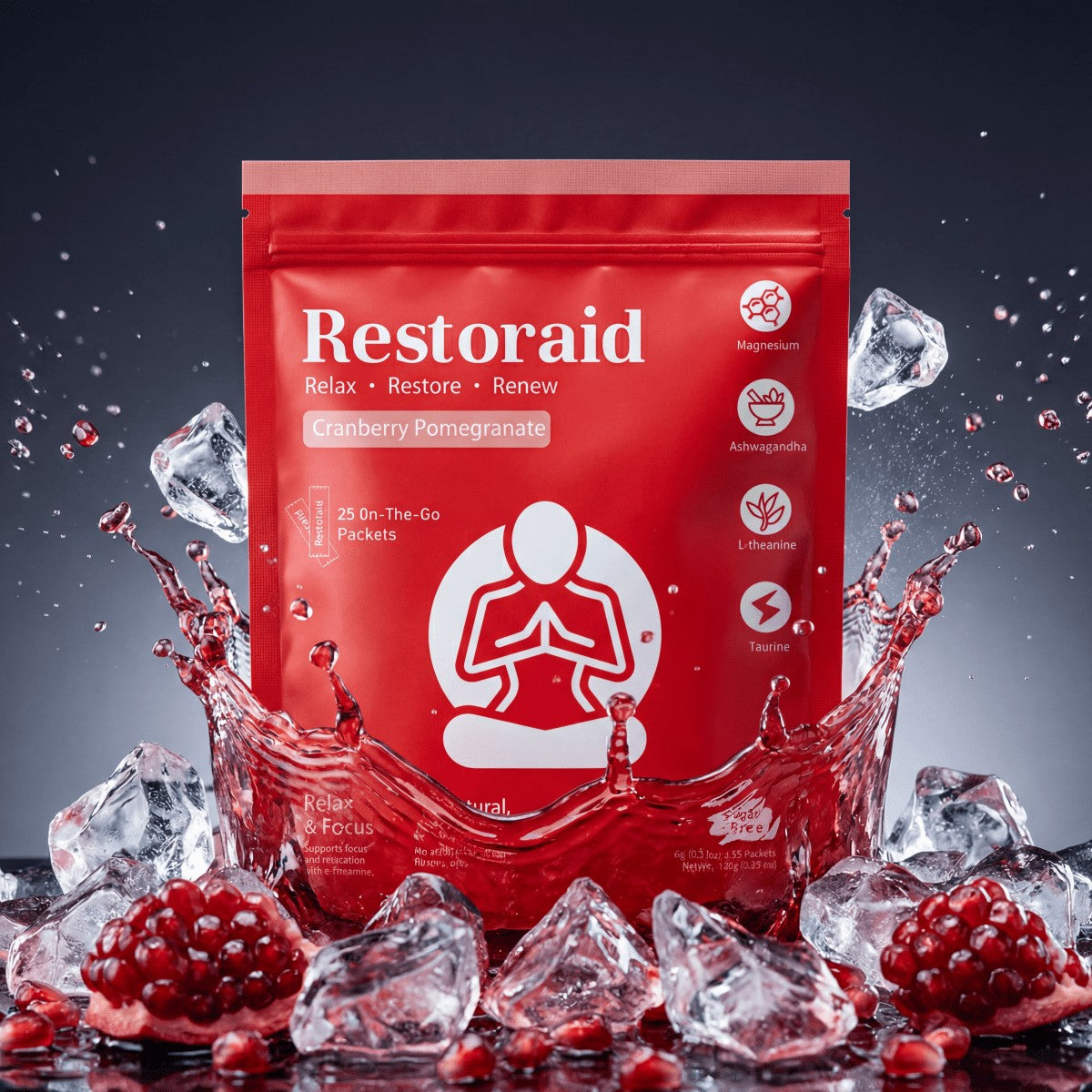 Red Restoraid package with ice cubes and pomegranate fruits on a dark background