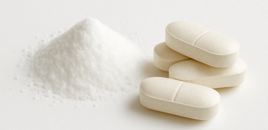 White powdery substance with white pills on a light gray background