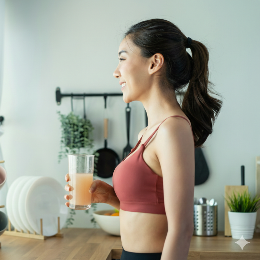Woman in athletic wear holding a glass of orange juice in a kitchen.
