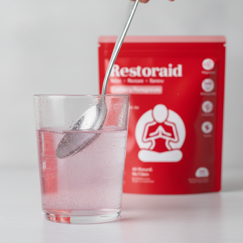 Restoraid powder packet with a glass of water and a spoon on a white background