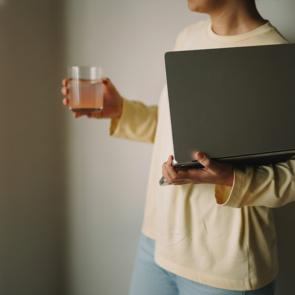 Person holding a laptop and a glass of orange restoraid against a plain background