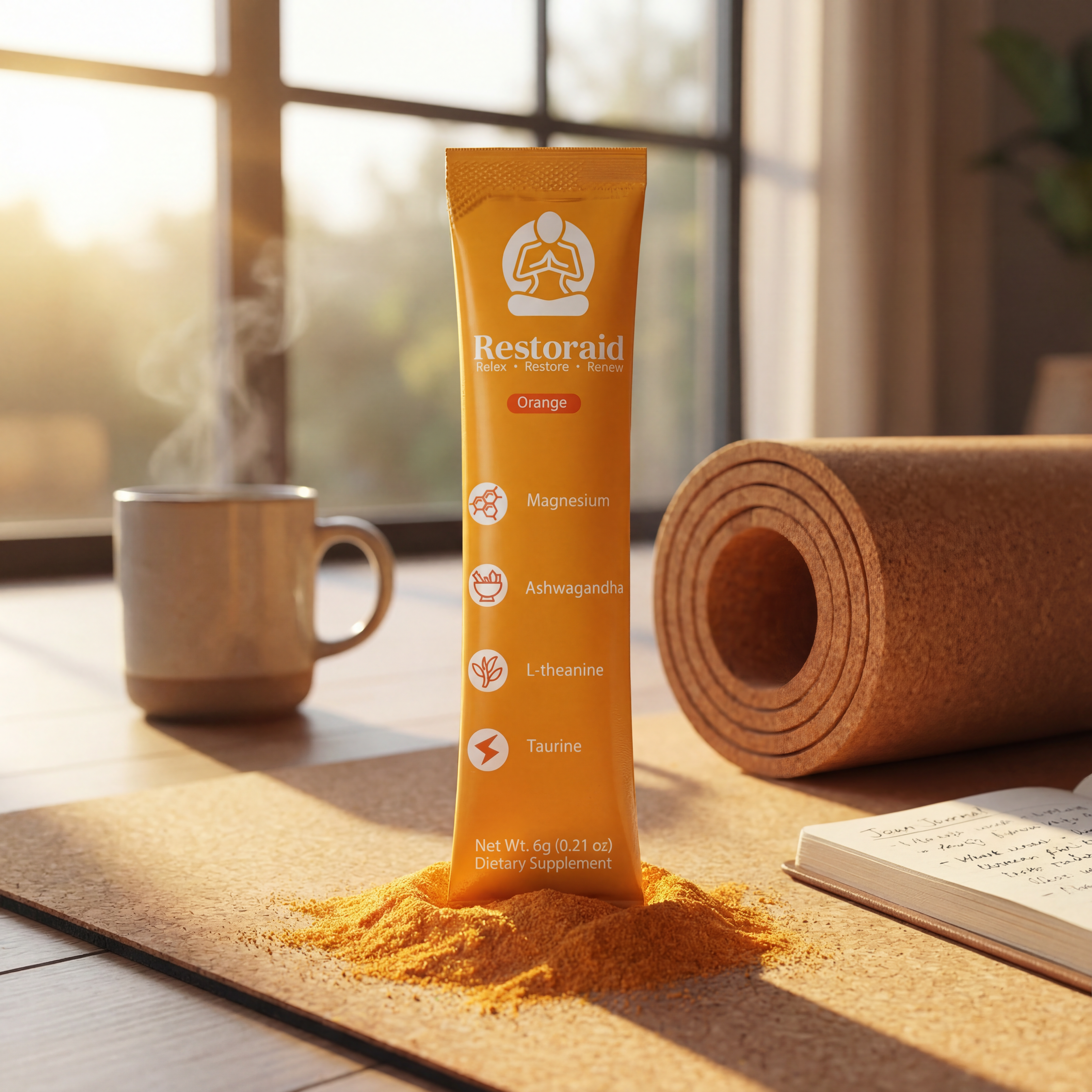 Restoraid supplement package on a table with a cup, yoga mat, and notebook in a bright room.