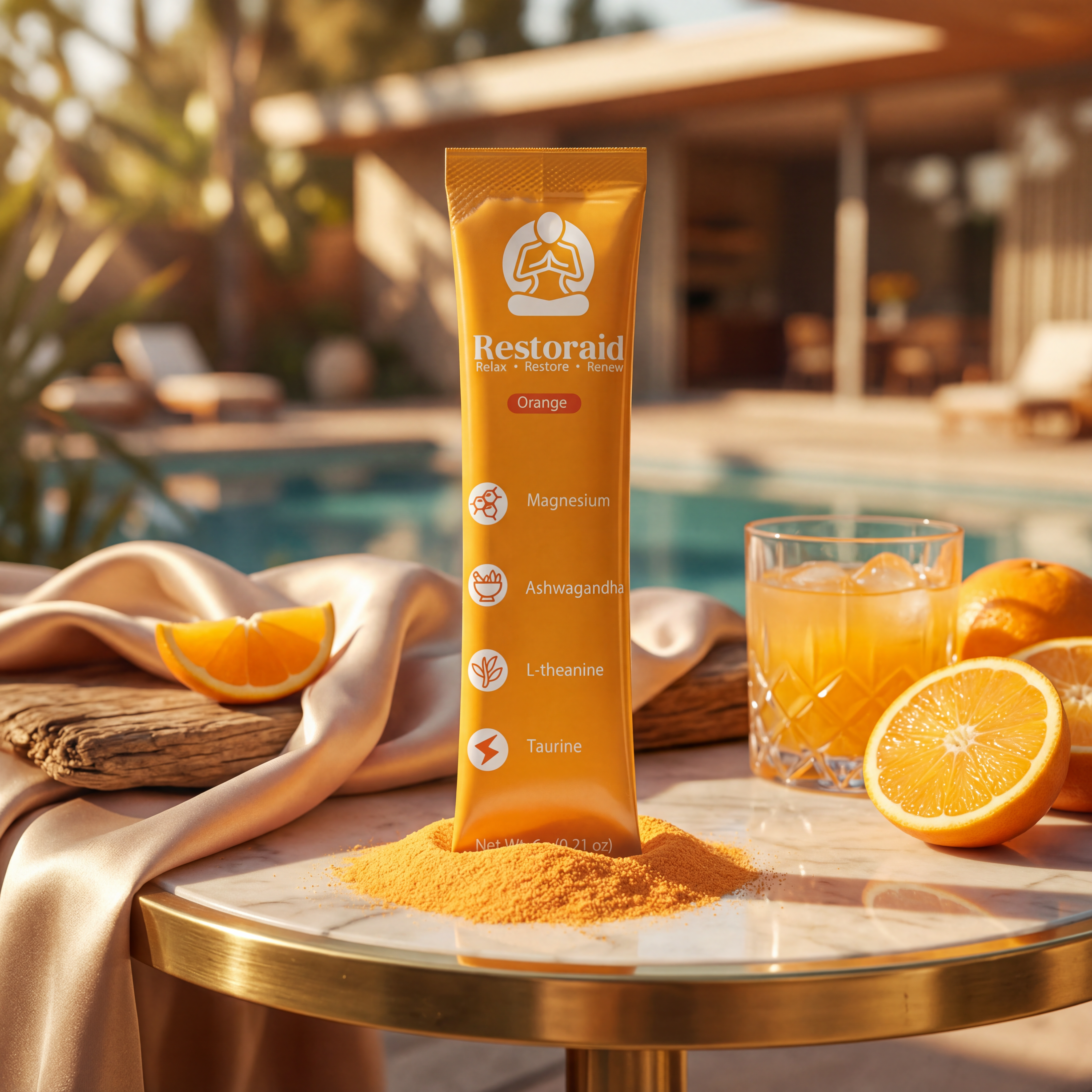 Restoraid Orange supplement package with oranges and juice on a table by a pool.