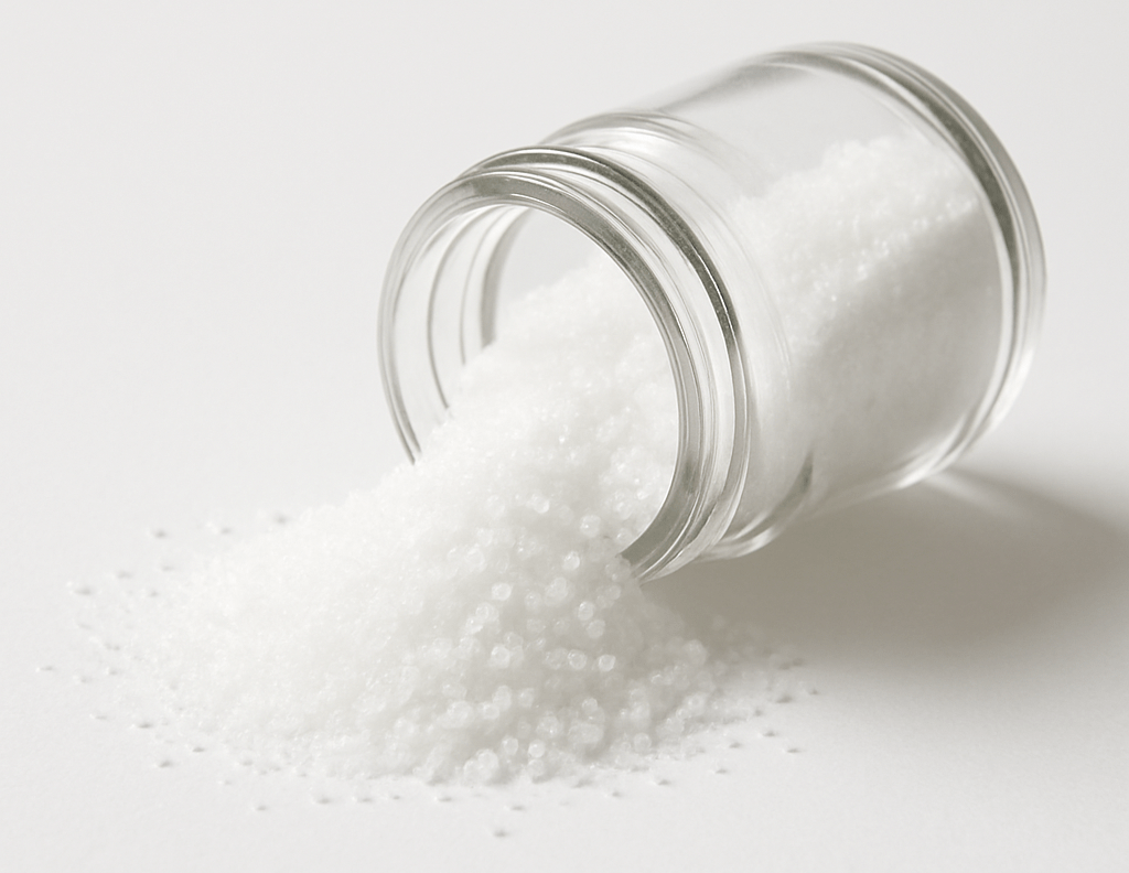 Clear glass jar filled with white granules on a light gray background