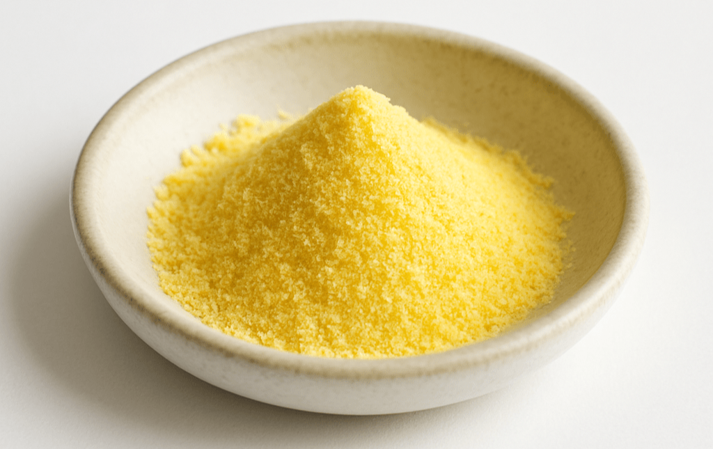 Yellow powder in a beige bowl on a white background
